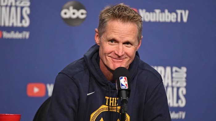 Steve Kerr talks to media during press conference before Game 1 of the 2019 NBA Finals.