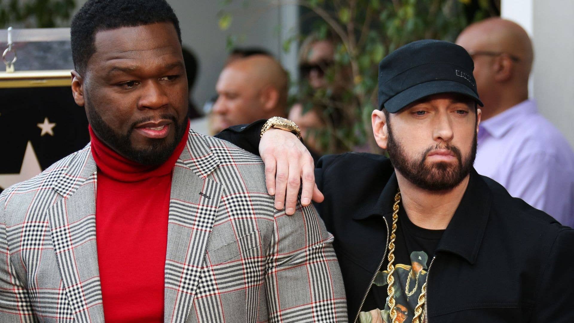 Eminem side by side with 50 Cent at Hollywood Walk of Fame