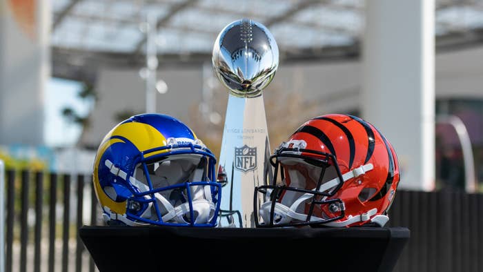 Two football helmets are pictured