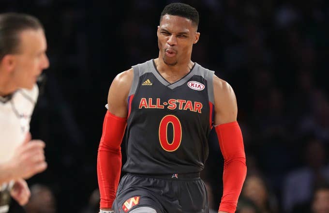 Russell Westbrook reacts to a play in the NBA All Star Game.