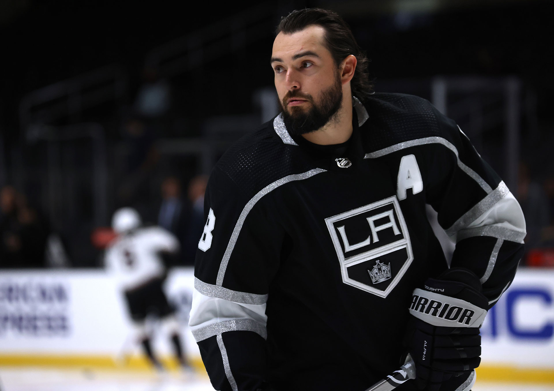 Drew Doughty #8 of the Los Angeles Kings during warm up before a preseason game