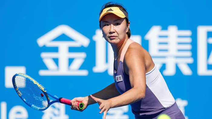 Peng Shuai of China returns a shot during the women&#x27;s singles