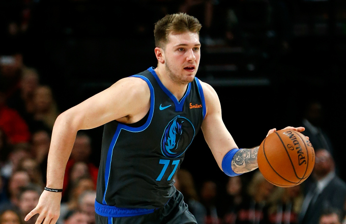 Luka Doncic of the Dallas Mavericks in action against the Portland Trail Blazers