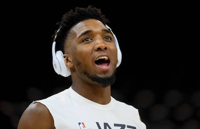Donovan Mitchell gestures before a game against Minnesota Timberwolves.