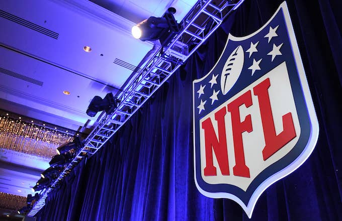 A NFL logo is on display at Commissioner Roger Goodell&#x27;s Super Bowl LII press conference.