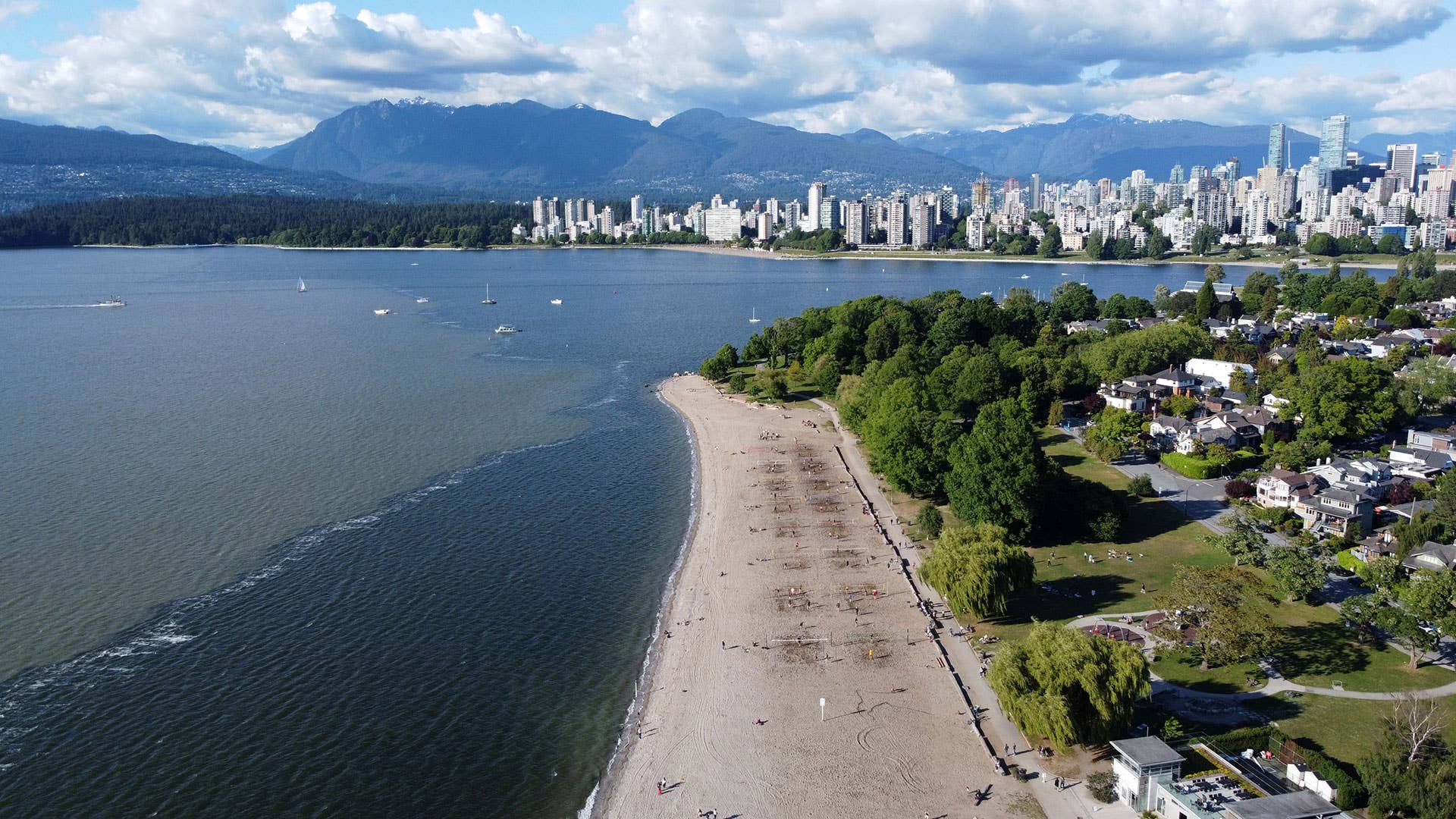 An aerial view of Kitsilano Beach is seen on June 7, 2021 in Vancouver, British Columbia, Canada