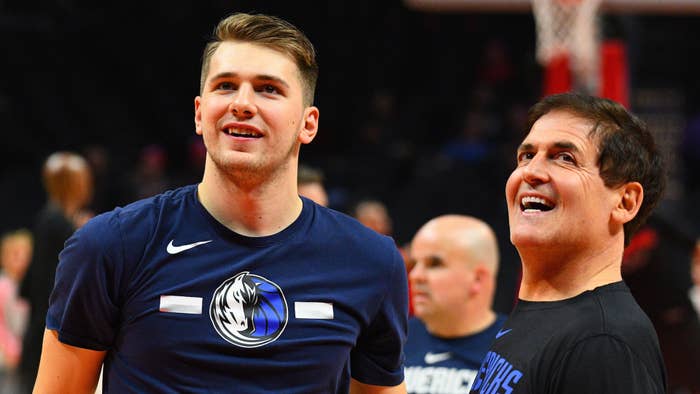 Dallas Mavericks Guard Luka Doncic (77) looks on with owner Mark Cuban