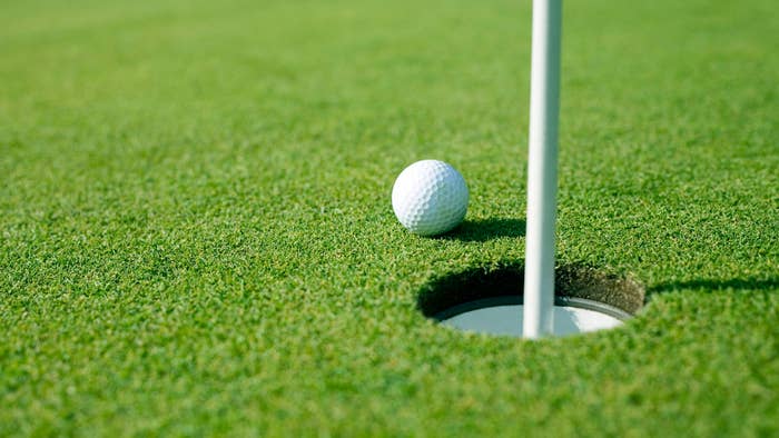 A stock photo of a golf ball approaching a hole.