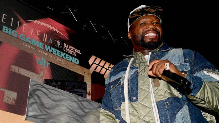 50 Cent performs during the E11EVEN Miami x Barstool Sports Big Game Pop-Up