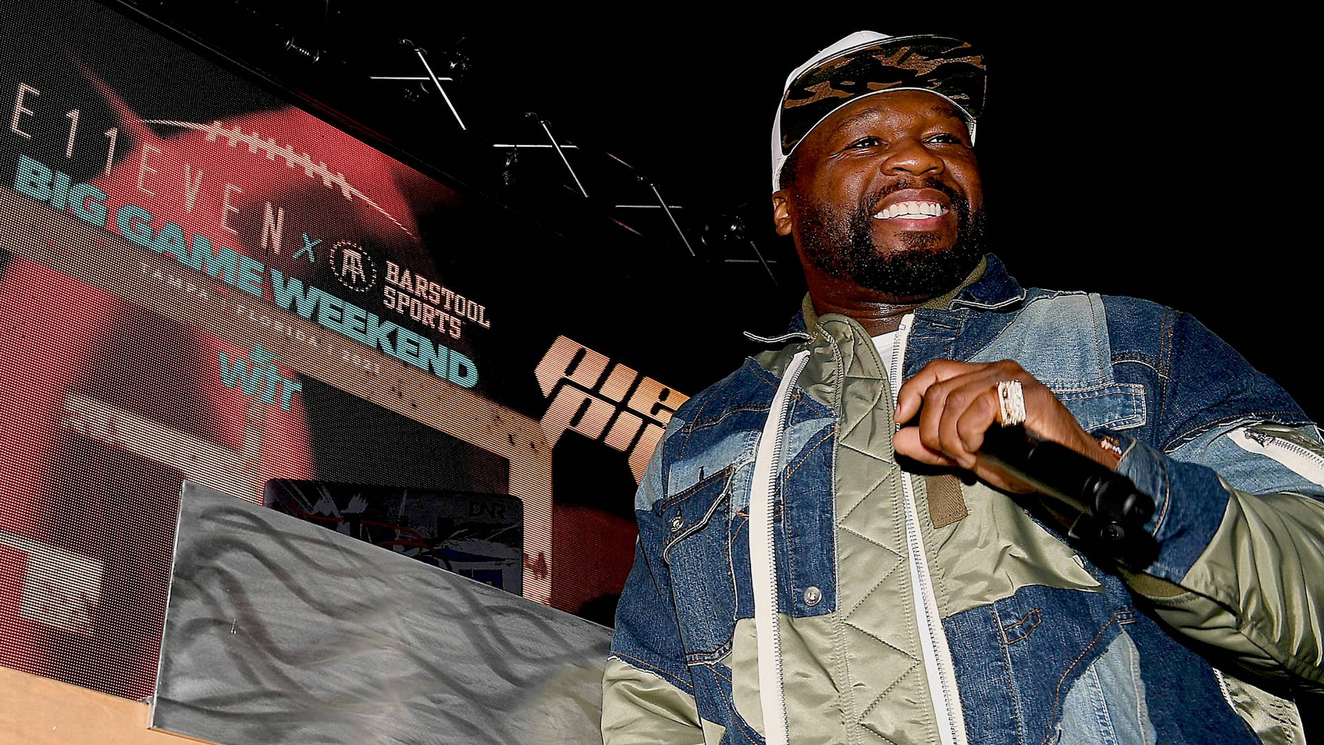 50 Cent performs during the E11EVEN Miami x Barstool Sports Big Game Pop-Up