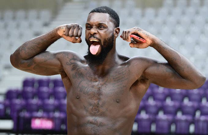 Lance Stephenson of Liaoning Flying Leopards reacts as he attends a training session.