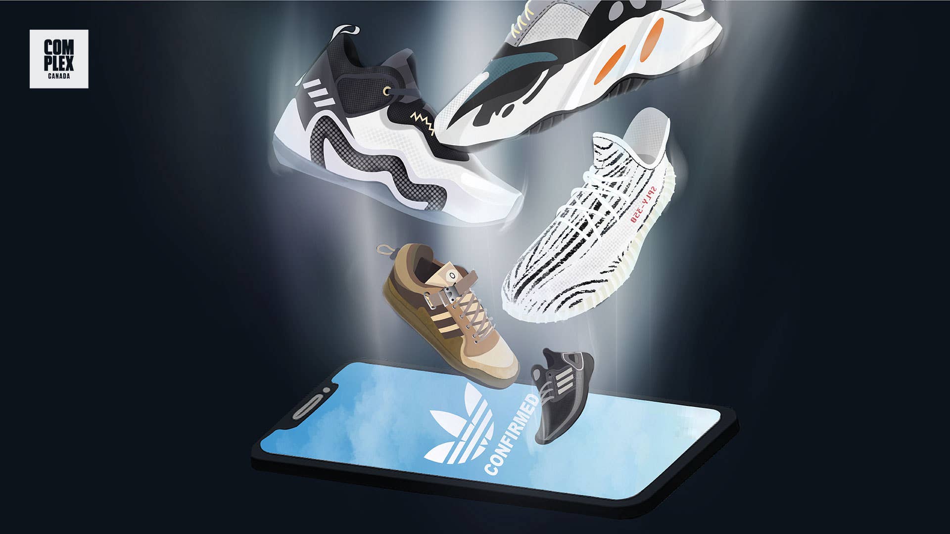 adidas Confirmed app illustration with various Yeezy sneakers