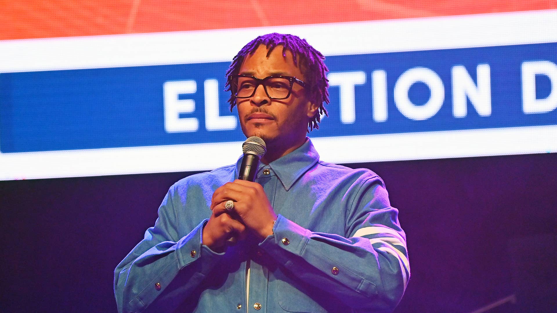 Rapper T.I. speaks onstage during Get Out To Vote Concert & Rally at Center Stage