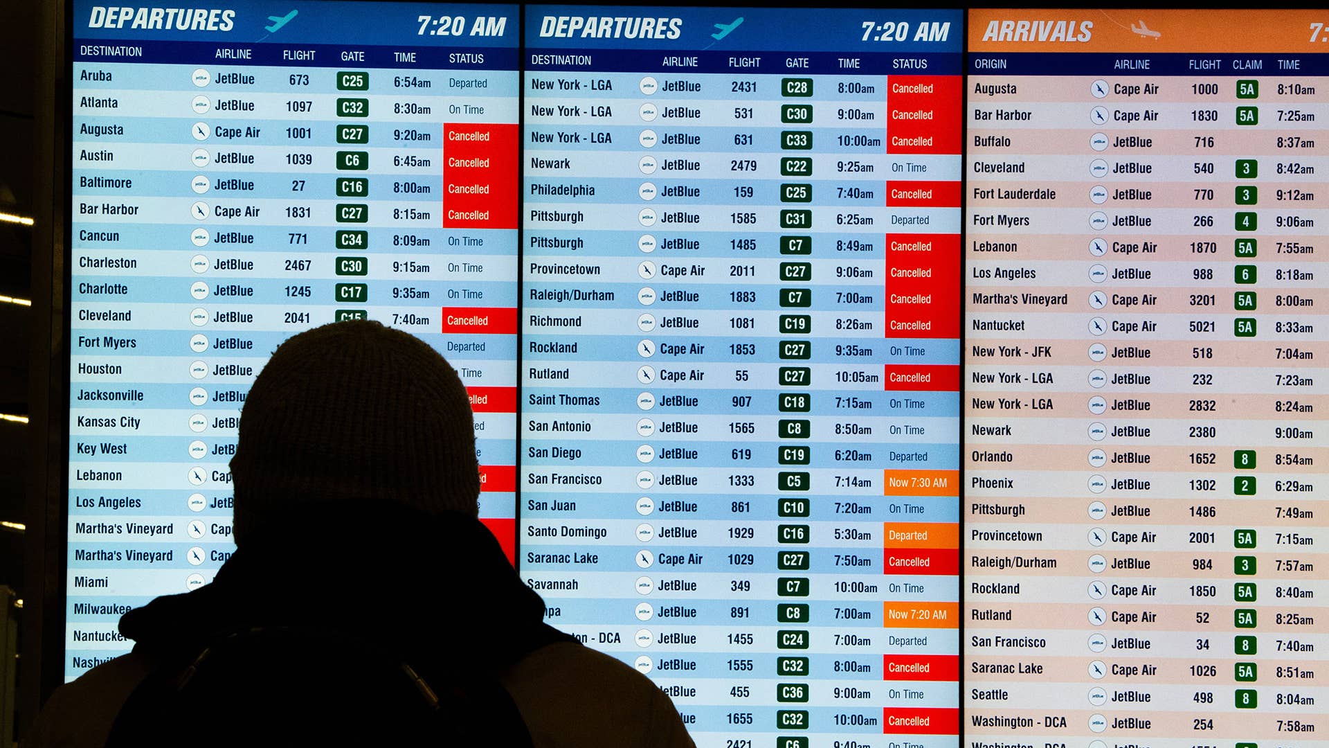 A photo from Boston's Logn International Airport showing cancelled flights.