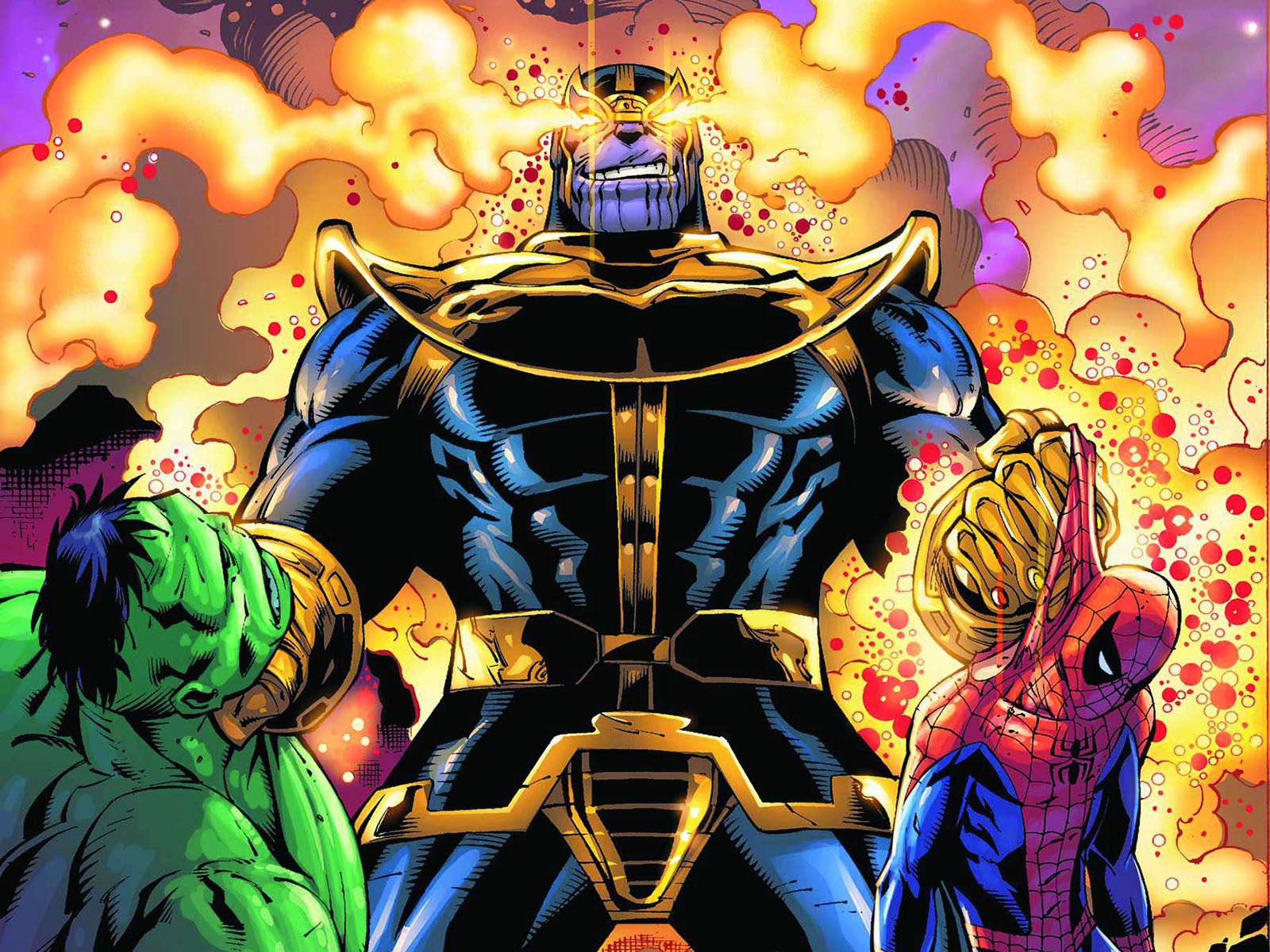 Thanos holding Hulk and Spider Man