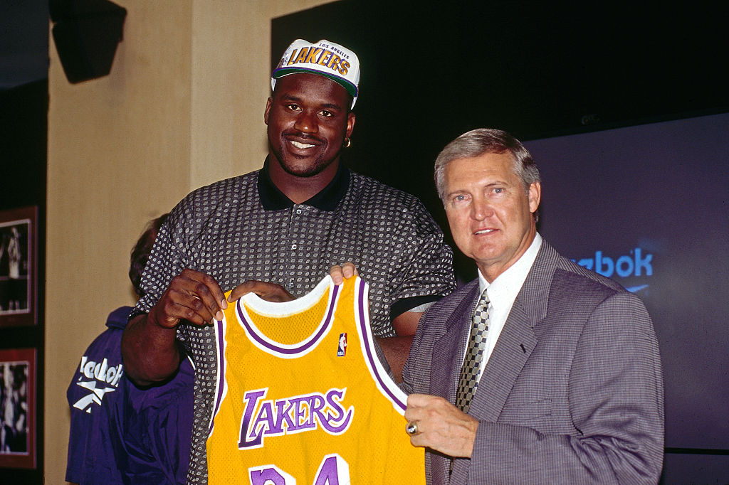 Shaquille O&#x27;Neal Lakers Jerry West 1996 Getty