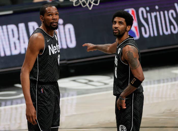 Kyrie Irving and Kevin Durant of the Brooklyn Nets