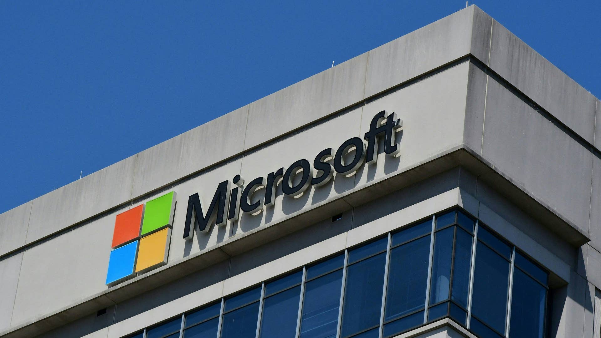 A logo for the Microsoft company building is pictured