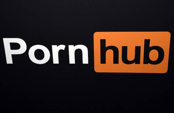 Pornhub logo is displayed at the company&#x27;s booth at the 2018 AVN Adult Entertainment Expo.