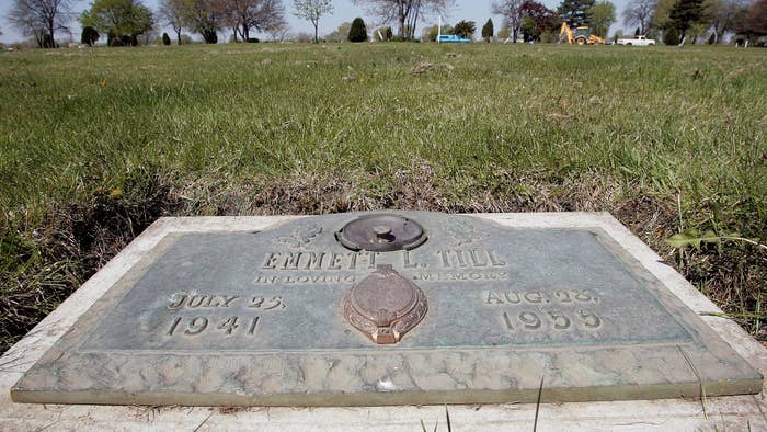 A plaque marks the gravesite of Emmett Till at Burr Oak Cemetery