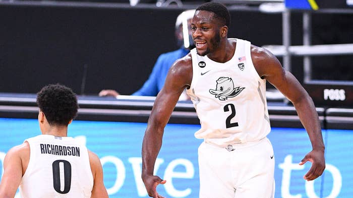 Canadian forward for Oregon Ducks Eugene Omoruyi celebrates win