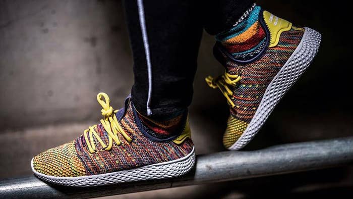 Pharrell x Adidas HU Yellow Multicolor On Foot Side