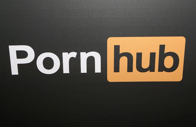 A Pornhub logo is displayed at the company&#x27;s booth during the 2018 AVN Adult Expo.