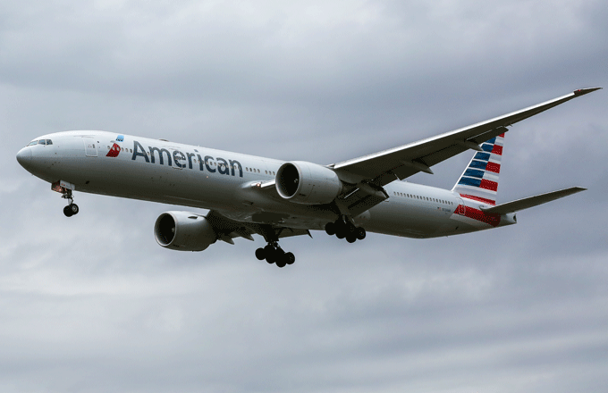 An American Airlines flight arriving at Heathrow Airport.
