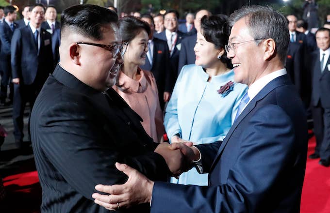 North Korean leader Kim Jong Un with South Korean president Moon Jae in.