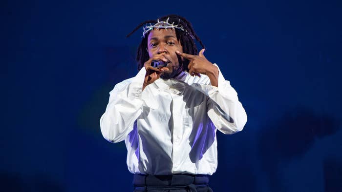 Kendrick Lamar performs on the Pyramid stage during day five of Glastonbury Festival