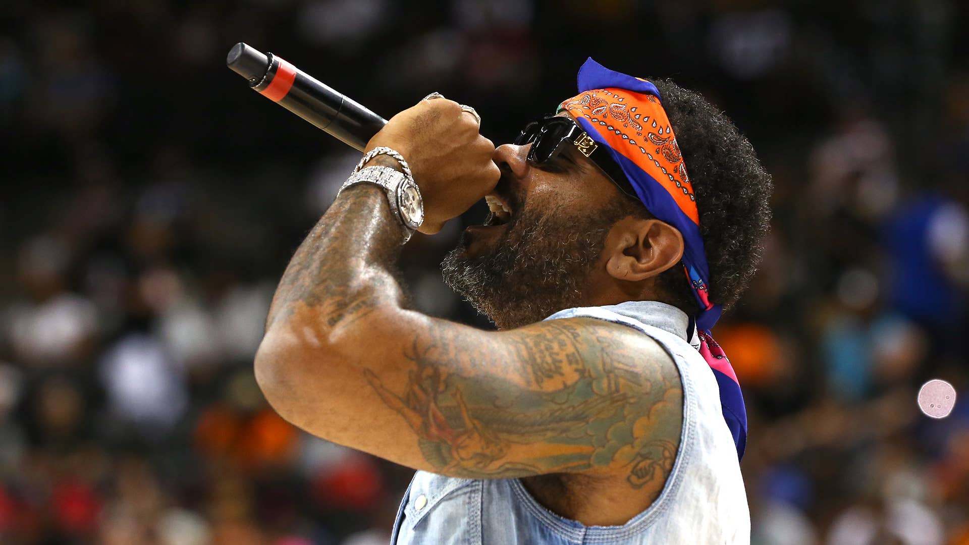 Rapper Jim Jones performs during week four of the BIG3 three on three basketball league at Barclays Center
