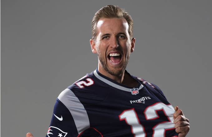 Harry Kane posing in New England Patriots Tom Brady #12 jersey