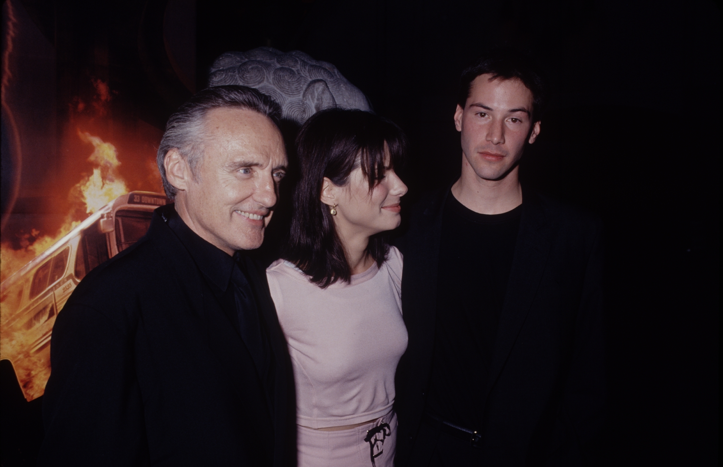 Keanu Reeves, Sanda Bullock, and Dennis Hopper at the &#x27;Speed&#x27; premiere