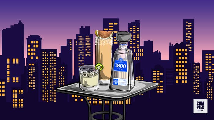 Illustration of 1800 Tequila Silver alongside margarita and paloma cocktails against a night city skyline