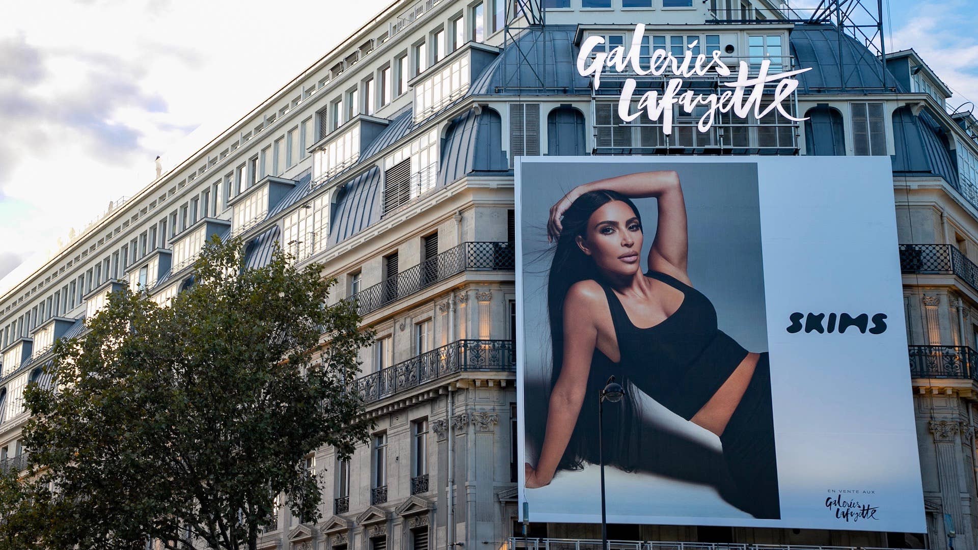A SKIMS giant poster with Kim Kardashian West is displayed at the 'Galeries Lafayette'