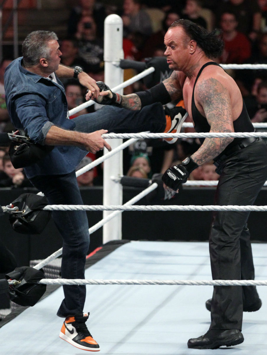 Shane McMahon Wearing the Shattered Backboard Air Jordan 1