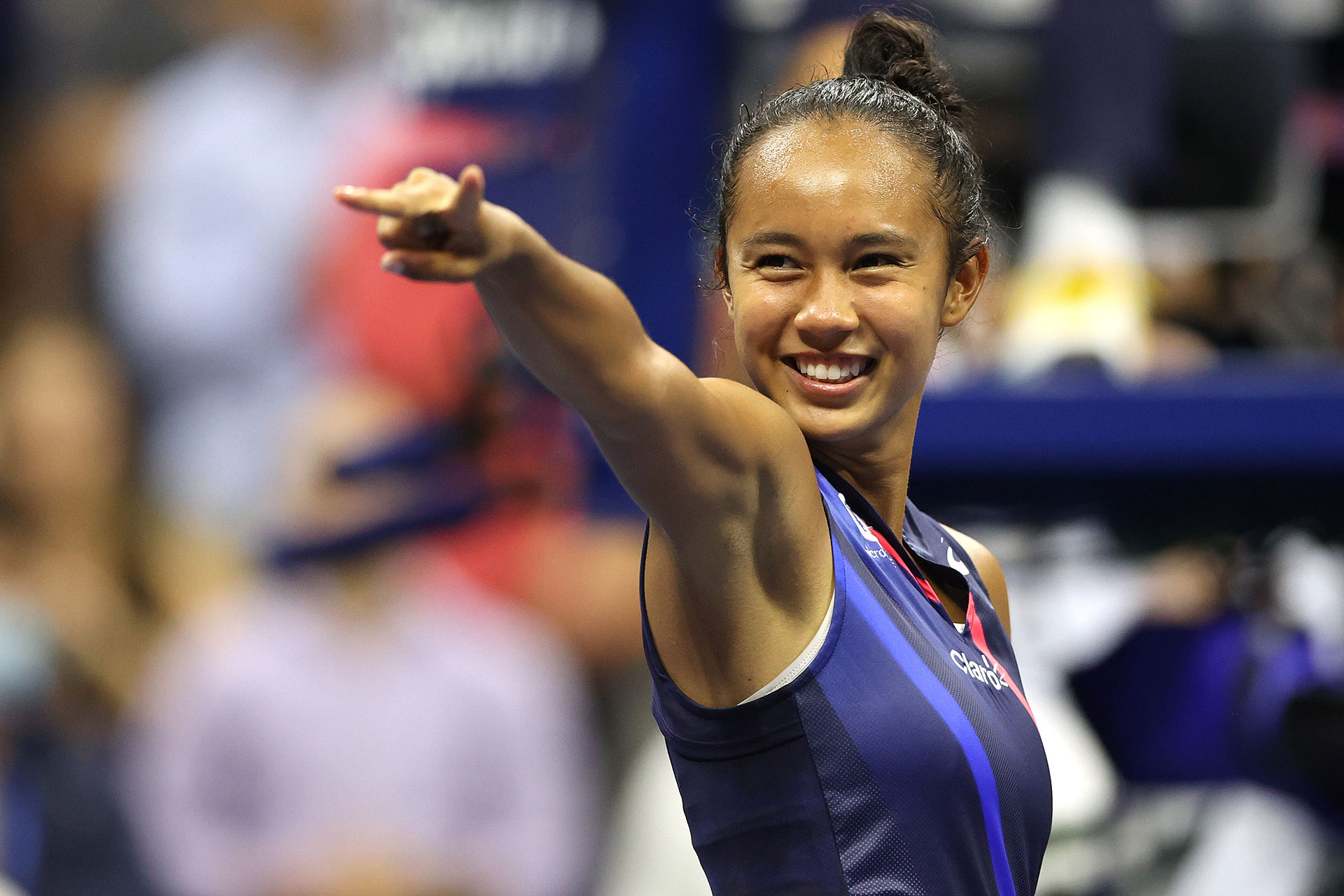 Leylah Annie Fernandez of Canada celebrates defeating Aryna Sabalenka of Belarus during her Women’s Singles semifinals match on Day Eleven of the 2021 US Open at the USTA Billie Jean King National Tennis Center on September 09, 2021 in the Flushing neighborhood of the Queens borough of New York City.