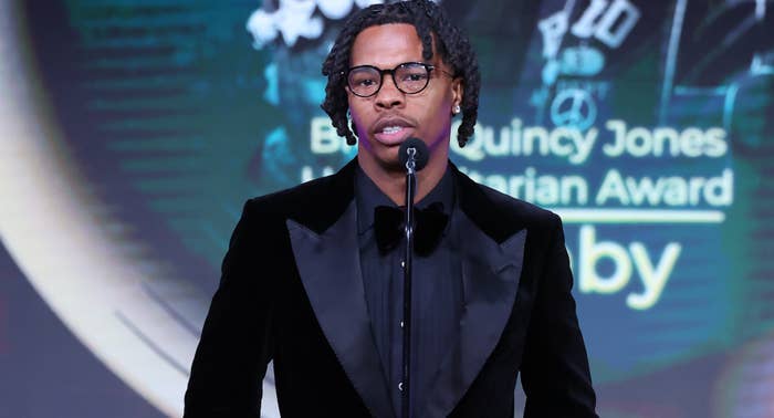 Lil Baby speaks onstage at Music in Action Awards Gala, hosted by the Black Music Action Coalition