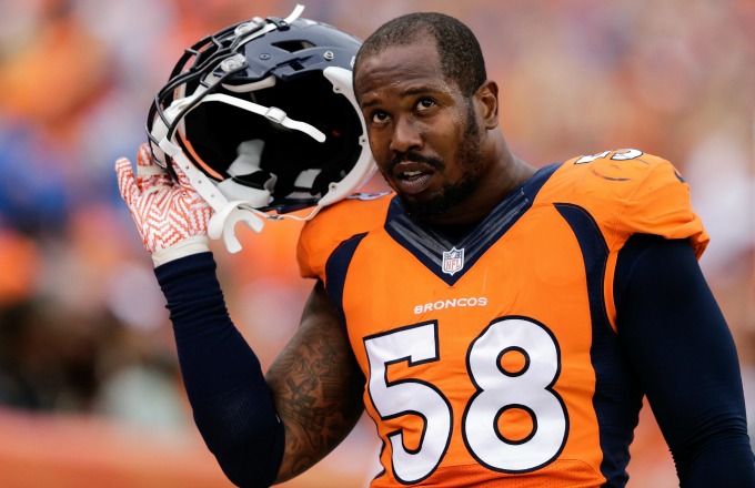 Von Miller on the field for the Broncos.
