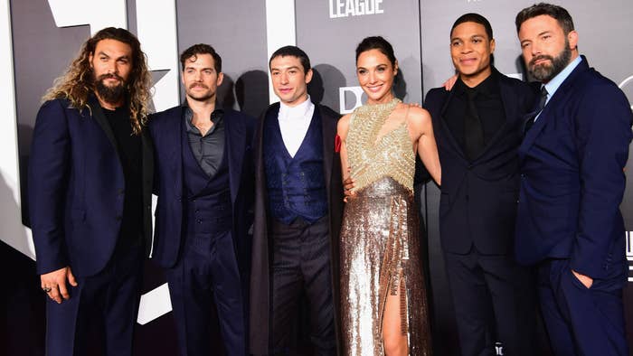 The cast of &#x27;Justice League&#x27; lines up for photos on the red carpet.