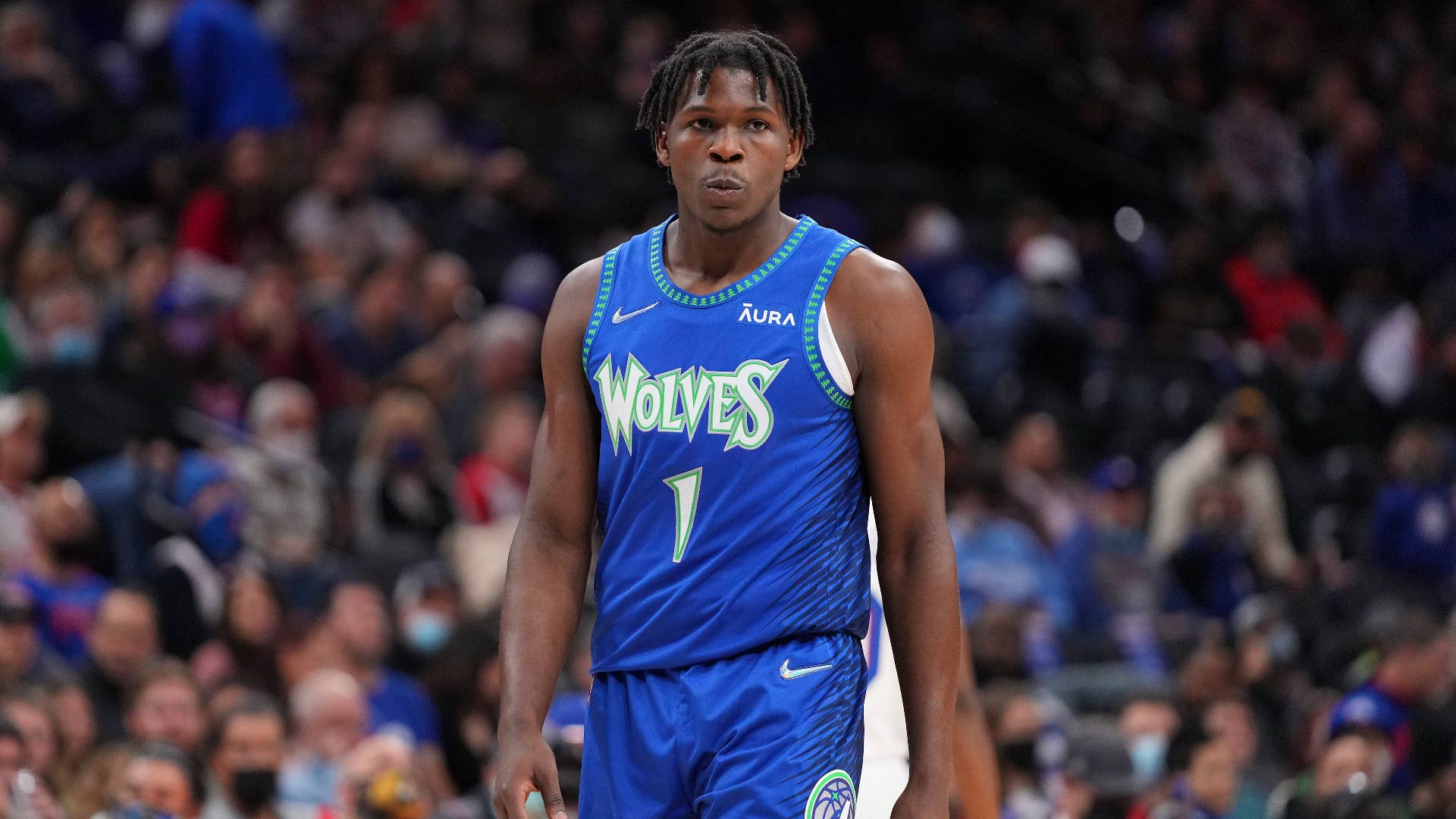 Anthony Edwards looks on against the Philadelphia 76ers.