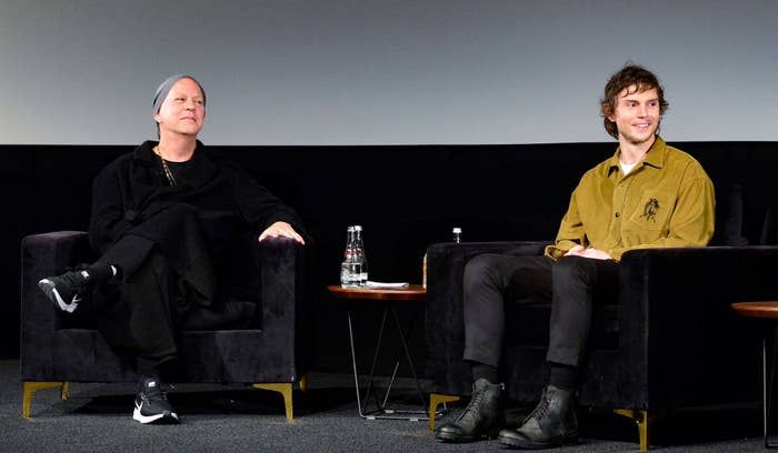 Ryan Murphy and Evan Peters speak onstage during Netflix&#x27;s &#x27;Dahmer - Monster: The Jeffrey Dahmer Story&#x27; Guild Event