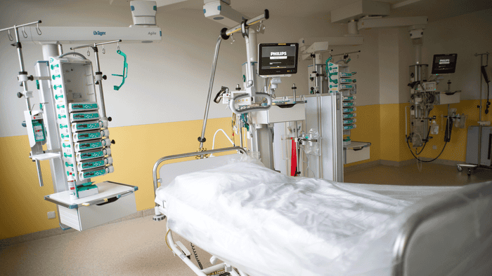 An empty bed in the intensive care unit of Prosper Hospital.