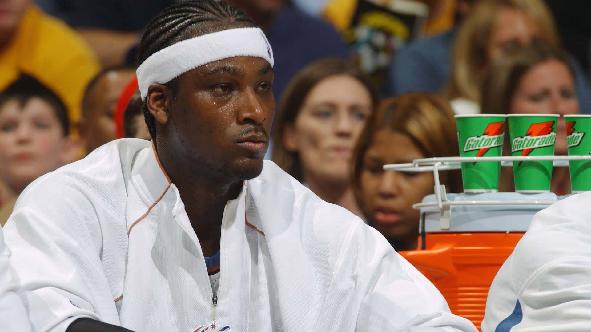 Kwame Brown #5 of the Washington Wizards watches the game