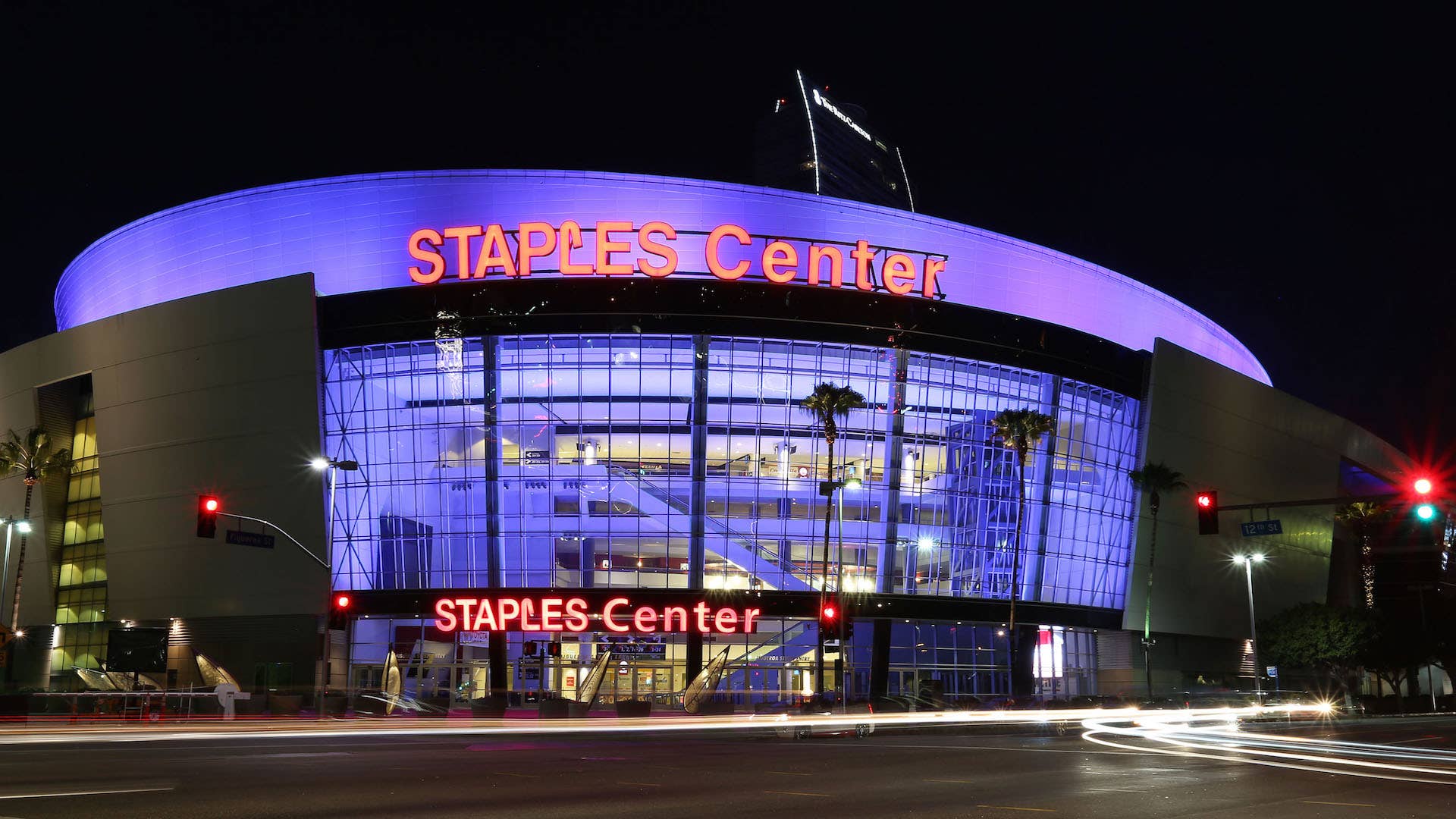 An exterior view of Staples Center in downtown Los Angeles