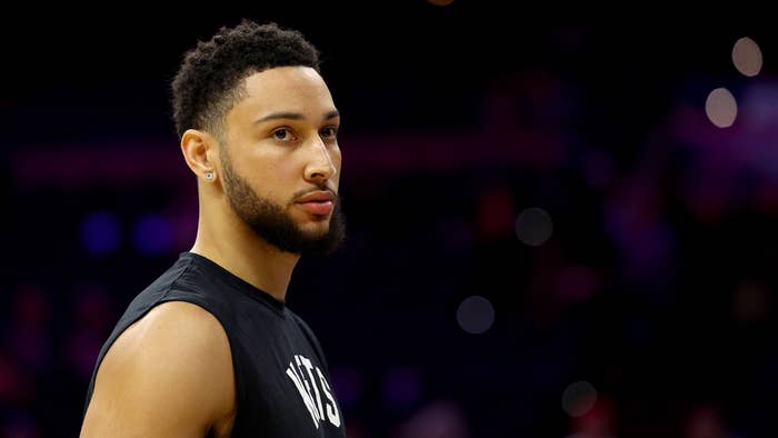 Ben Simmons of the Brooklyn Nets warms up before the game against the Philadelphia 76ers