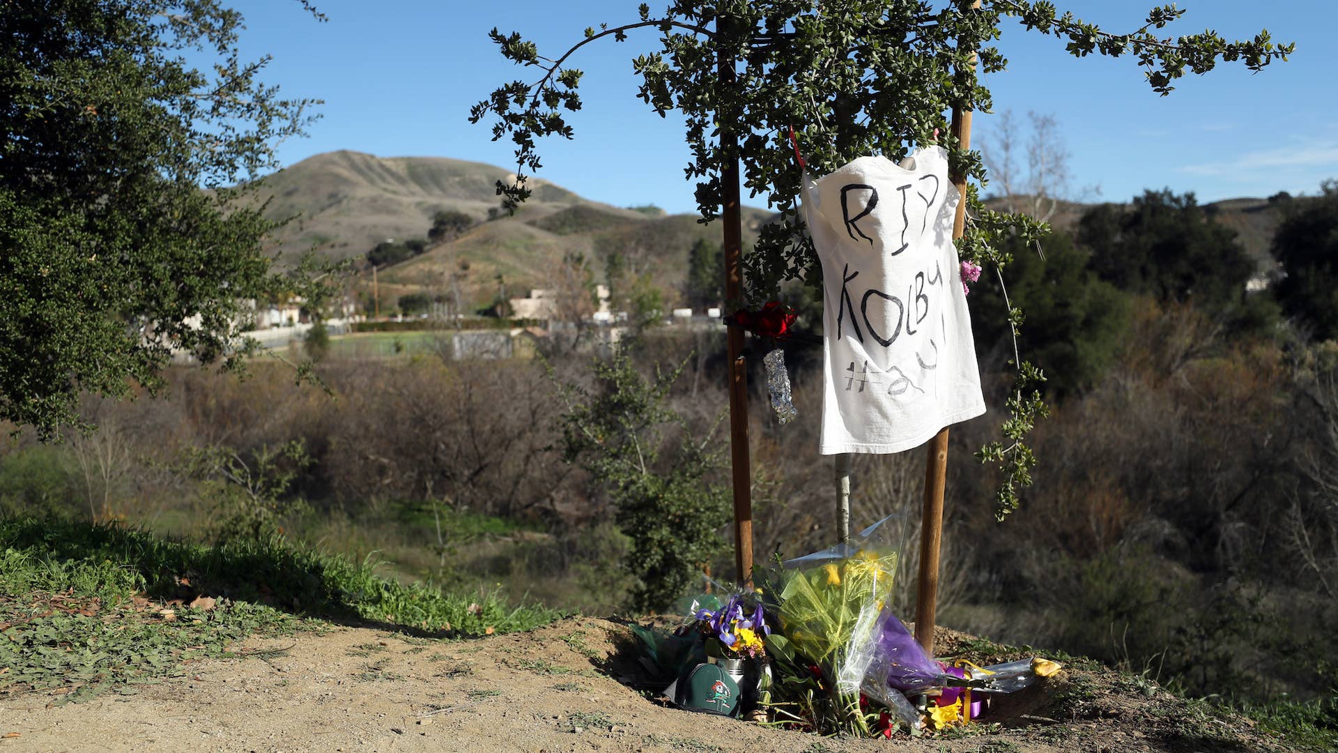 A makeshift memorial is shown near the site of the helicopter crash that killed Kobe Bryant.