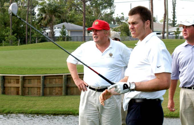 Tom Brady tees off watched by Donald Trump