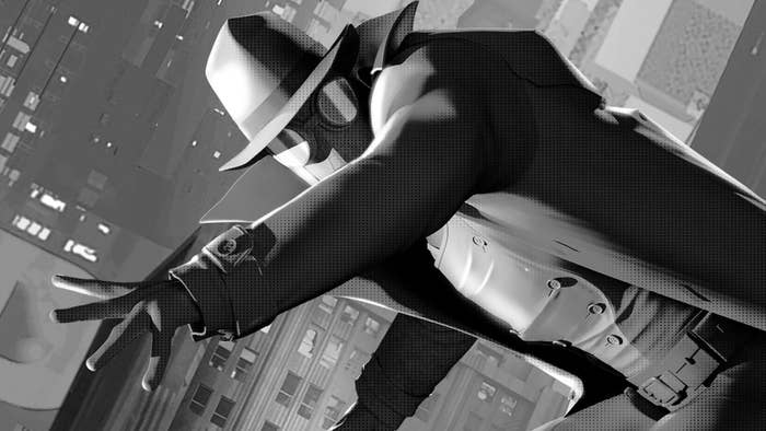 A screenshot of Spider Man Noir in &#x27;Spider Man Into the Spider Verse&#x27;