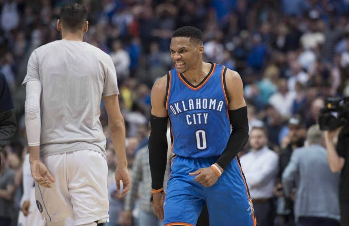 Russell Westbrook celebrates a win over the Thunder.